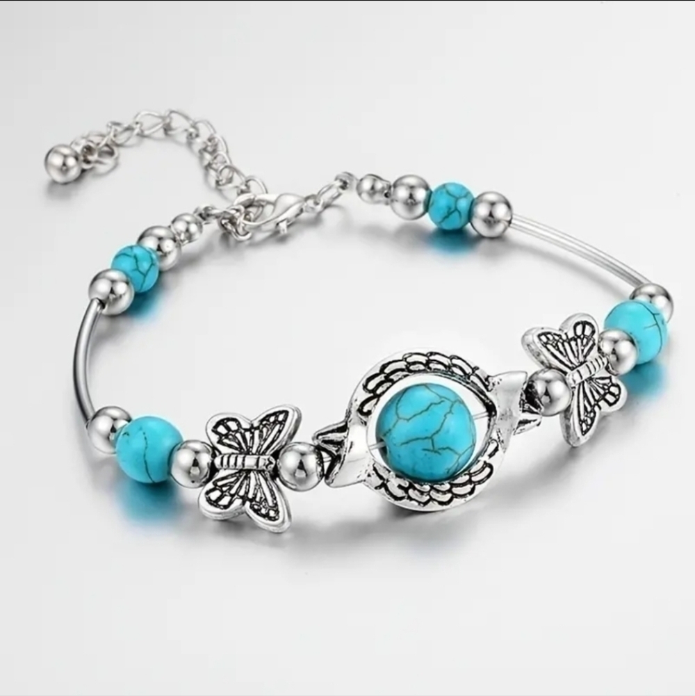 NWT Silver Plated Butterfly Bracelet with Natural Turquoise Beads